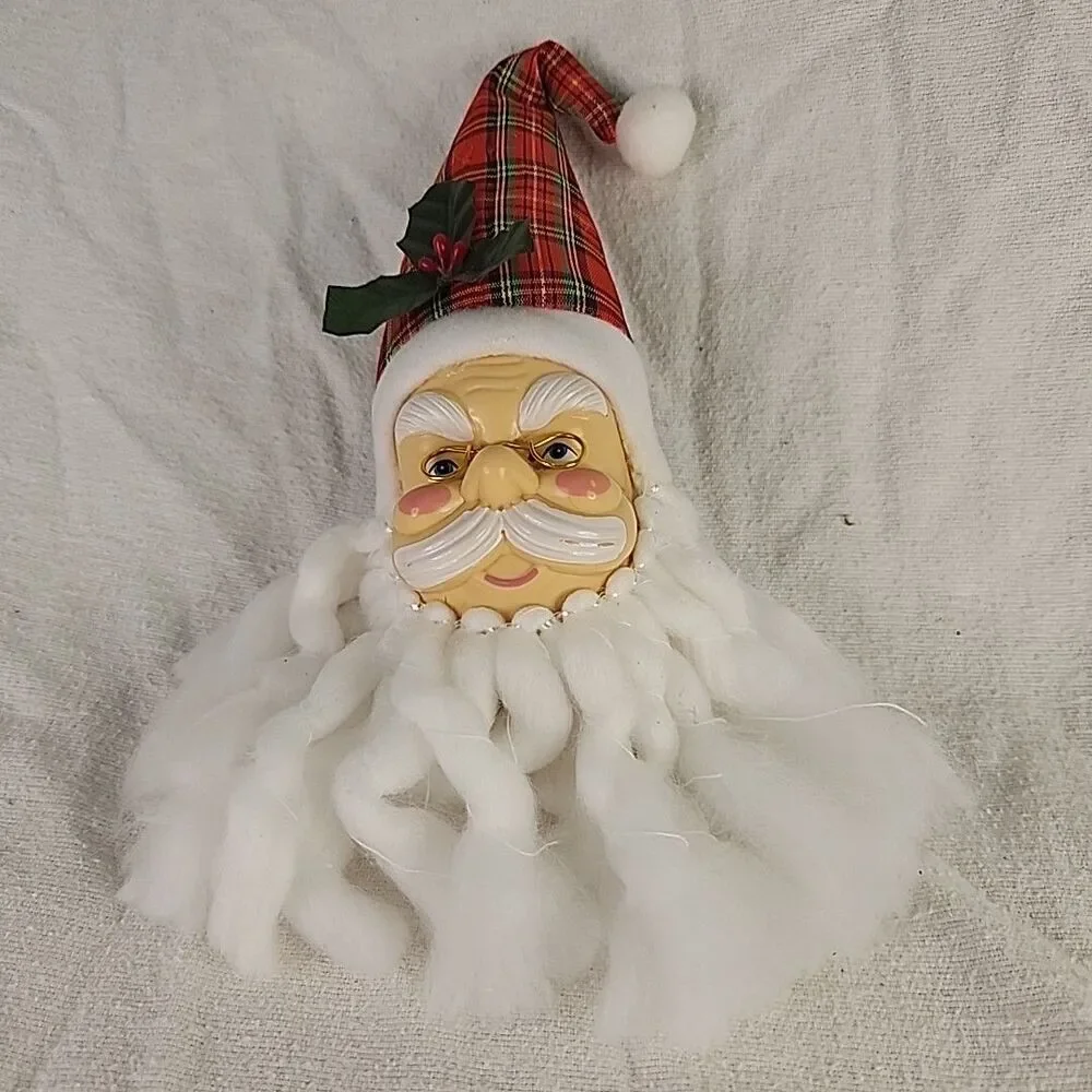 Ornament Christmas Santa Claus Head Cotton Beard Holly On Hat Plastic Vintage